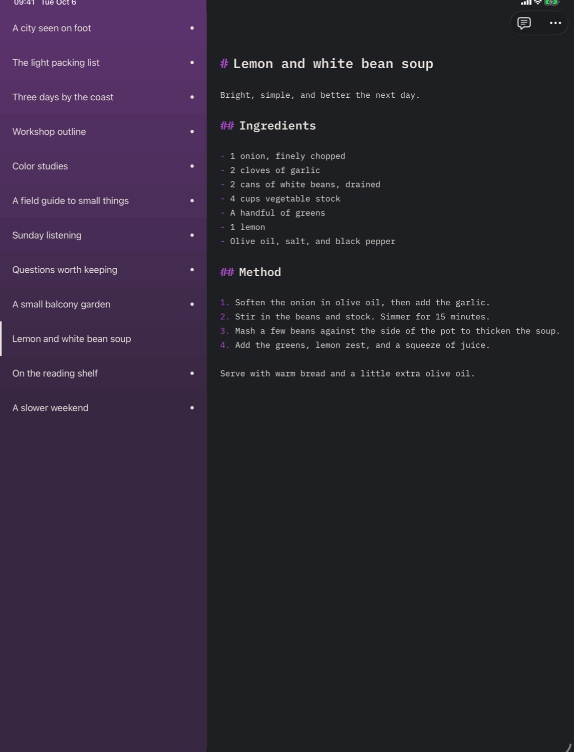 Buenote on iPad: a purple list of notes beside a Markdown recipe for lemon and white bean soup.
