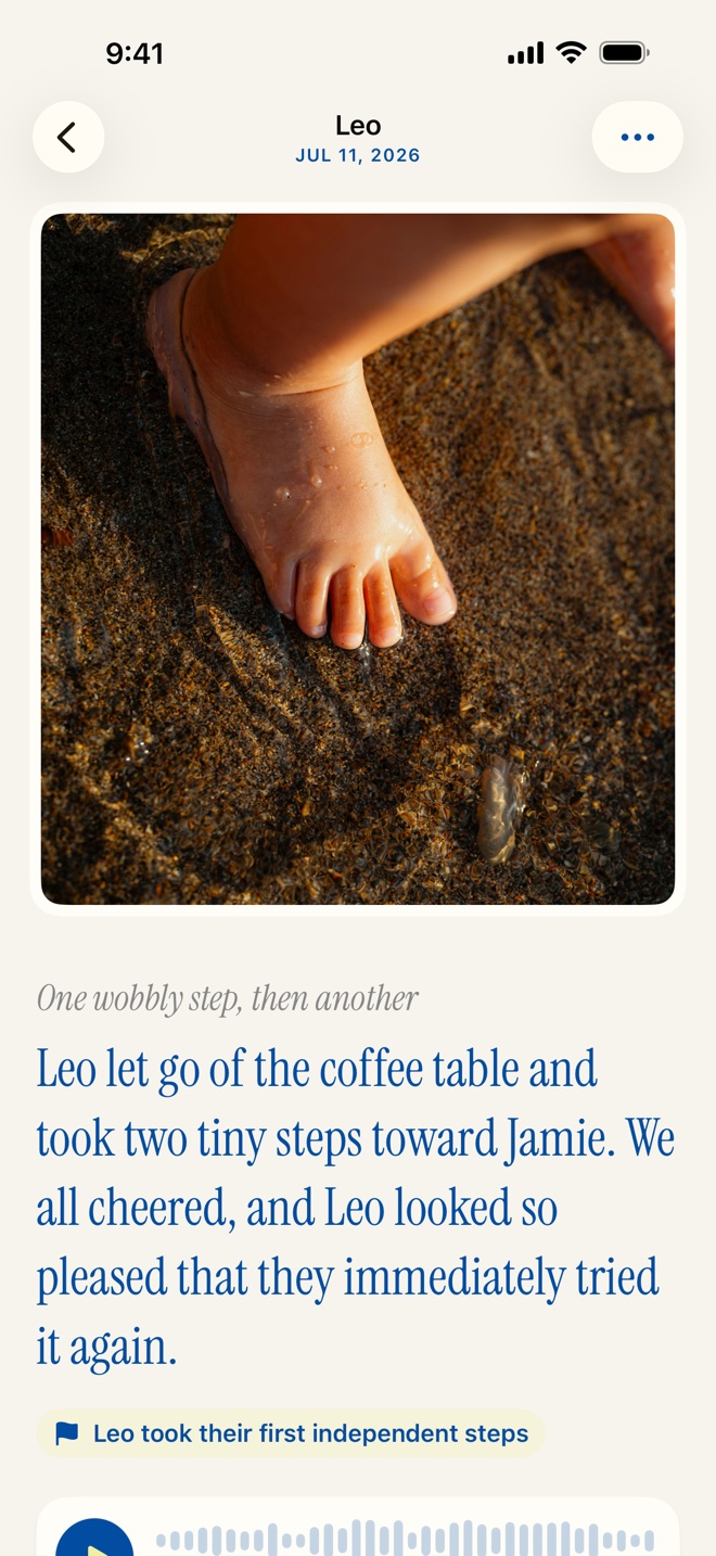 A Little Moments keepsake: a photo of tiny bare feet above the story of Leo taking two wobbly steps.