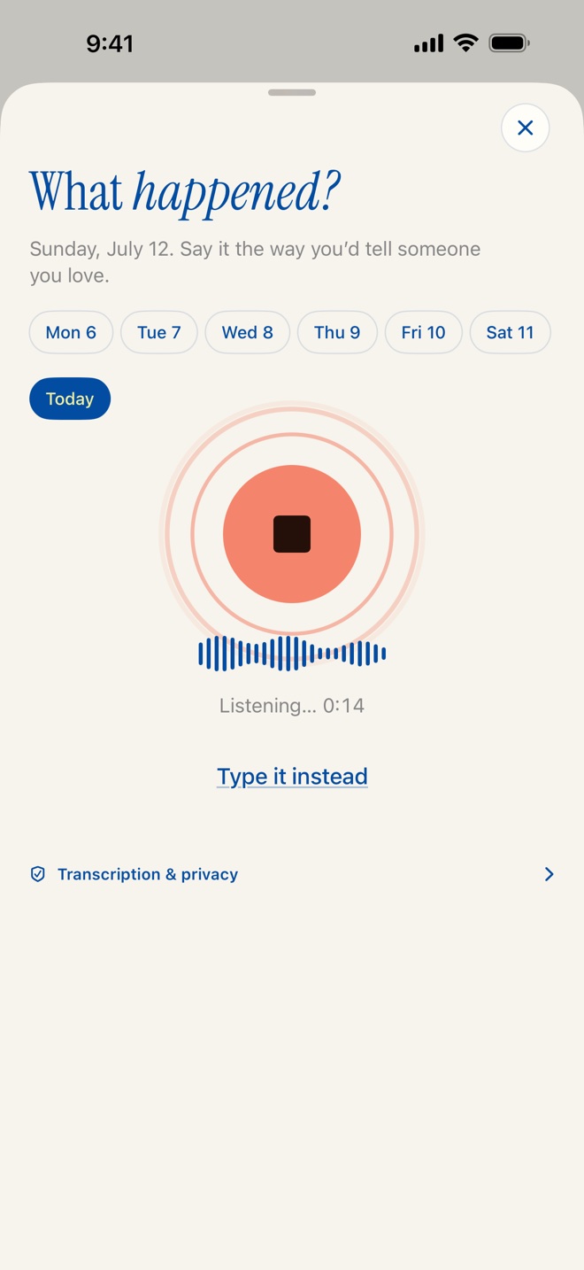 The Little Moments recording sheet: What happened? A coral record button listens while you talk.