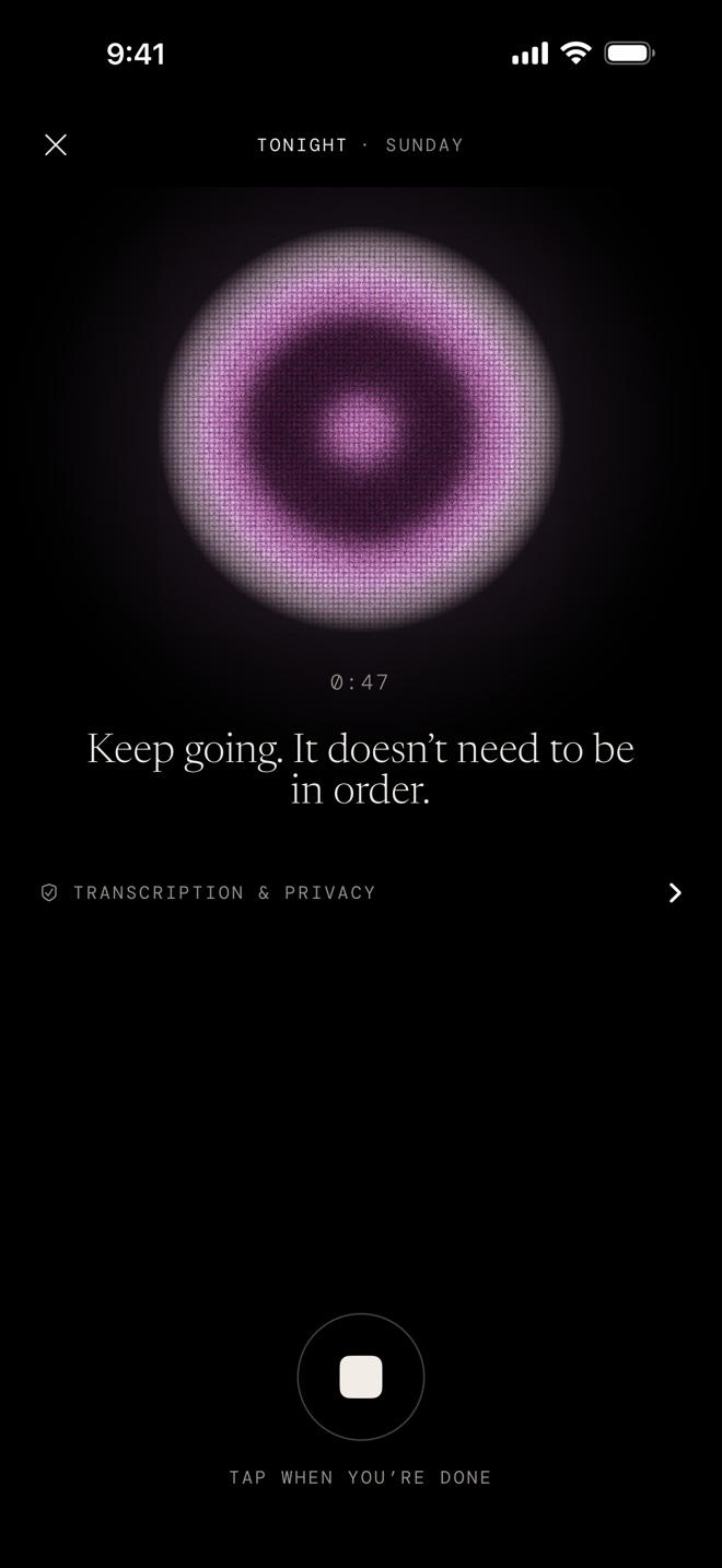 Sweet Dreams recording a dream: a glowing violet orb above the prompt Keep going. It doesn't need to be in order.