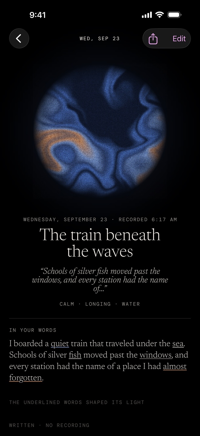 A Sweet Dreams entry titled The train beneath the waves, with a blue imprint and the dream in your own words.